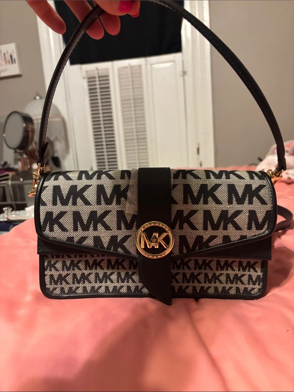 Michael Kors Black and White MK Logo Shoulder Bag with Gold Hardware